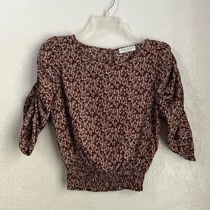 Paper Crane Brown Tan Animal print Ruched sleeves Casual Blouse Tops S